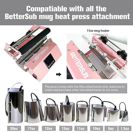 BetterSub Tumbler Mug Heat Press Machine 30 OZ 20 OZ 16 OZ Sublimation Straight Skinny Tumbler Mug Sublimation Print 11 OZ 15 OZ Sublimation Mug Heat Transfer Pink BetterSub