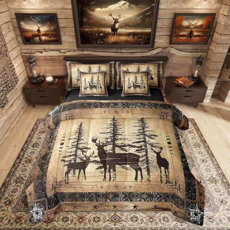 Erosebridal Rustic Deer Comforter Set 7 Piece Farmhouse Cabin Bed in A Bag King Western Woodland Wildlife Bedding Comforter Sets for Kids Boys Adults Men Black Retro Country Animal Bed Set Erosebridal