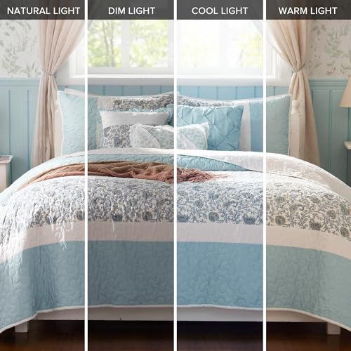 Madison Park 100% Cotton Quilt Set Floral Print, Double Sided Stitching, All Season, Lightweight Coverlet Shabby Chic Bedding Layer, Matching Shams, Full/Queen, Light Teal 6 Piece,Aqua Madison Park