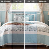 Madison Park 100% Cotton Quilt Set Floral Print, Double Sided Stitching, All Season, Lightweight Coverlet Shabby Chic Bedding Layer, Matching Shams, Full/Queen, Light Teal 6 Piece,Aqua Madison Park