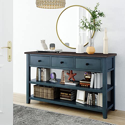 Vintage Console Table Modern Solid Wood Frame Sofa Table with 2 Tier Open Shelves and Top Storage Drawers Entryway Table for Living Room, Hallway, Front Hall, Stairs Area, Easy Assembly Knocbel