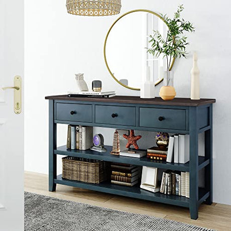 Vintage Console Table Modern Solid Wood Frame Sofa Table with 2 Tier Open Shelves and Top Storage Drawers Entryway Table for Living Room, Hallway, Front Hall, Stairs Area, Easy Assembly Knocbel