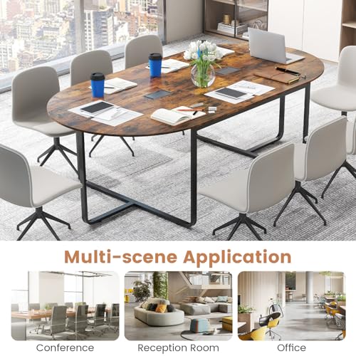 Tangkula 95" Conference Table, Large Oval Meeting Table for 10-12, 2 Cable Management Grommets, Sturdy Metal Legs, Industrial Business Training Seminar Table for Office Conference Room (Rustic Brown) Tangkula