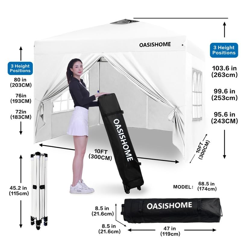 OASISHOME Pop-up Gazebo Instant Portable Canopy Tent 10'x10', with 4 Sidewalls, Windows, Wheeled Bag, for Patio/Outdoor/Wedding Parties and Events (10FTx10FT, White) OASISHOME