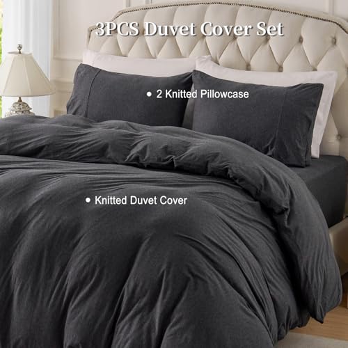 PURE ERA Jersey Knit Duvet Cover Set 100% T-Shirt Cotton Super Soft Comfy 3pc Bedding Set with Zipper Closure (Heather Charcoal Grey, Queen) PURE ERA