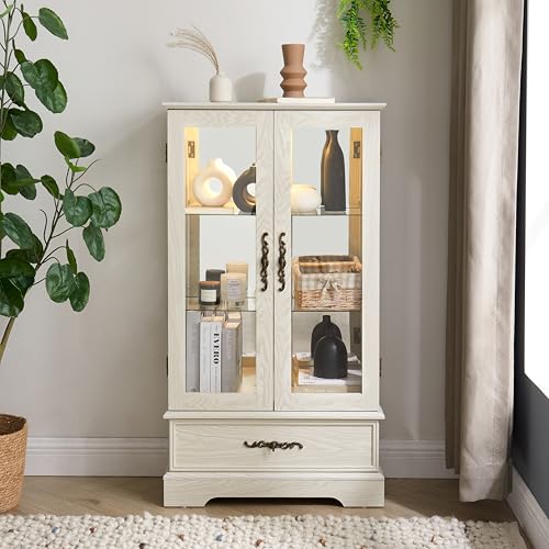 JIJIWANG Curio Cabinet with Adjustable Glass Shelves, Mirrored Back Panel & Tempered Glass Doors&Drawer,Wooden Display Cabinet for Living Room, Hallway,Light Bulb Included,White