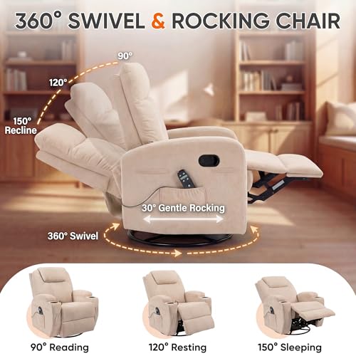 JUMMICO Small Swivel Rocker Recliner, 360 Rocking Chair Recliner with Massage, Upholstered Fabric Rocker Recliner with Cup Holder for Living Room, Bedroom, Nursery (Beige)