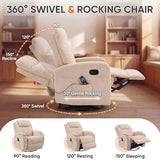 JUMMICO Small Swivel Rocker Recliner, 360 Rocking Chair Recliner with Massage, Upholstered Fabric Rocker Recliner with Cup Holder for Living Room, Bedroom, Nursery (Beige)