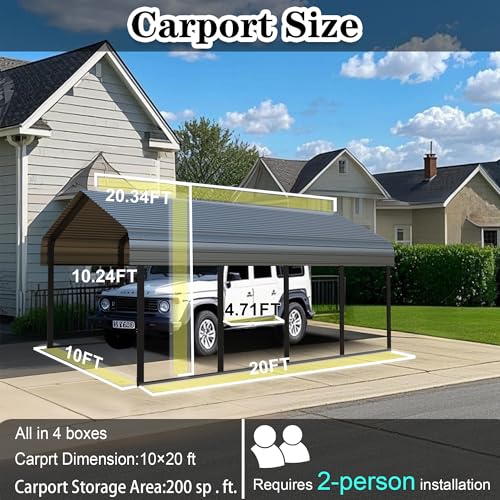 10x20FT Metal Carport Heavy Duty for 1 Cars - Frame Shelter Car Garage Kits for All-Weather,Car Canopy Reinforced with Safe Boat Cover Car Ports for Yard Protection Poborin