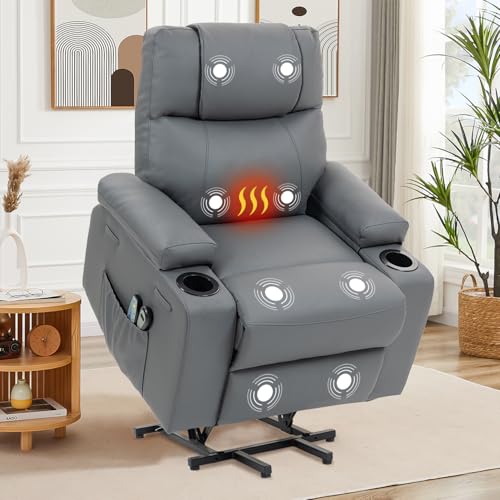 Power Lift Recliner Chair for Elderly, Electric Stand Assist Reclining Chair with Massage and Heat Function, Leather Living Room Furniture, Comfy Single Sofa with Cup Holders, Side Pockets, Gray BRTHORY