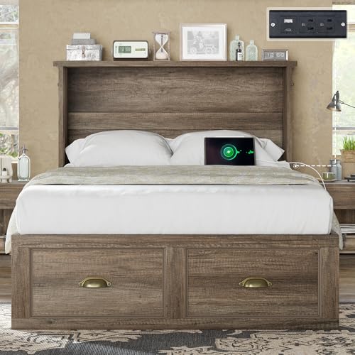 AMERLIFE Twin Size Murphy Bed, Farmhouse Wooden Cabinet with Charging Station and Storage Drawer for Bedroom/Office/Guest Room, Grey Oak AMERLIFE
