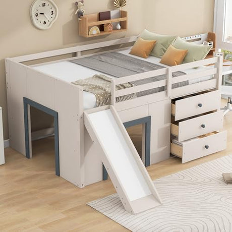 Quarte Full Size Kids Low Loft Bed with Slide,Three Storage Drawers and Two Doors,Solid Wood & MDF Construction, No Box Spring Needed Quarte