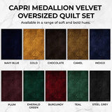 Tribeca Living Oversized Velvet Quilt Set Queen - Buttery Soft 260GSM Velvet Bedding for Luxurious Comfort - Double-Sided Capri Medallion Quilted Design in Rich Navy Blue Tribeca Living