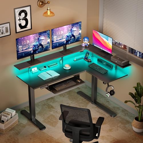 Rolanstar L Shaped Standing Desk with Keyboard Tray, Height Adjustable Corner Desk with LED Light & Power Outlet, Electric Sit Stand Computer Desk with Monitor Stand, Black Rolanstar