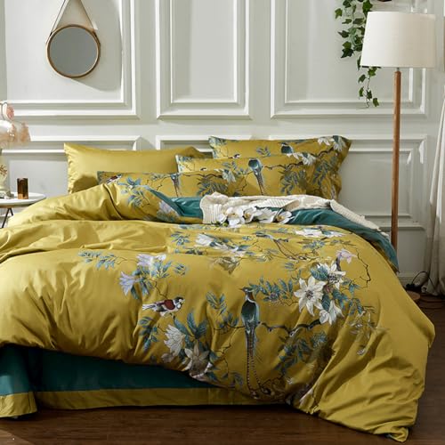 mixinni Duvet Cover Set King Size Bird Flower Pattern Soft Long Staple Cotton Floral Bedding Comforter Cover Set with Zipper Ties for Women and Men, Ultra Soft, Breathable, Easy Care-King Size mixinni