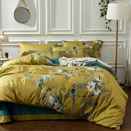mixinni Garden Style Cotton Flowers and Birds Pattern Printed Duvet Cover Reversible Design Peacock Blue 3 Piece Bedding Duvet Set with Zipper Closure, Perfect for Him and Her-Queen Size mixinni