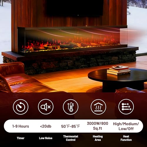 88" 3-Sided Smart Electric Fireplace, Ultra-Narrow Frame, Alexa/WiFi App Control, Panoramic Multicolor LED Flames, Realistic Log, 1500/3000W PTC Ceramic Heating MONDAWE