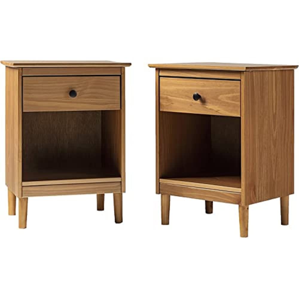 Walker Edison Russ Mid Century Modern 1-Drawer Solid Wood Nightstand Set, Caramel Walker Edison