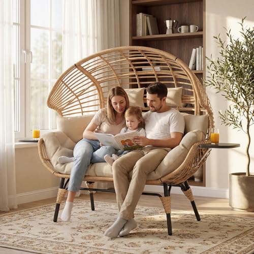LUTINLIX Double Egg Chair with Cup Holder Outdoor Indoor,2 Person Oversized Wicker Lounge Egg Chair with 8” Thicken Cushions & Rain Cover 700lbs for Patio Balcony Porch Living Room