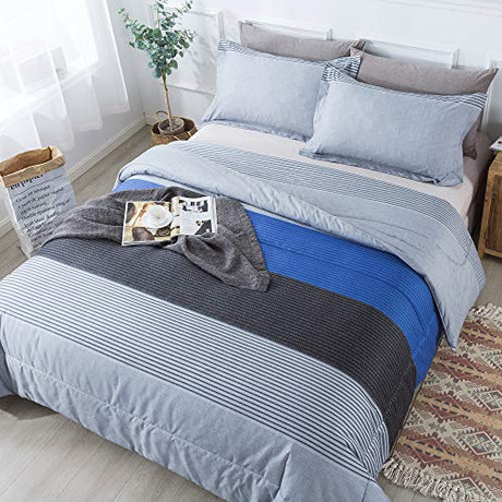 Andency Full Size Blue Comforter Set (79x90 Inch), 3 Pieces Gray and Blue Patchwork Striped Comforter, Soft Microfiber Down Alternative Comforter Bedding Set Bed in a Bag with Corner Loops Andency