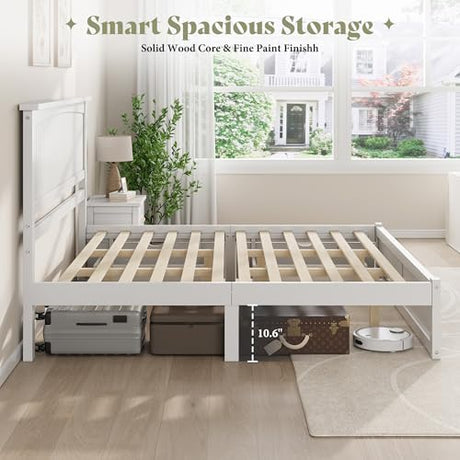 AMERLIFE King Size Solid Wood Bed Frame with 50" Tall Headboard, Mid-Century Modern Bed with Storage Drawers, Clean Wooden Platform Bed, 2 Side Drawers/No Box Spring Needed/White AMERLIFE