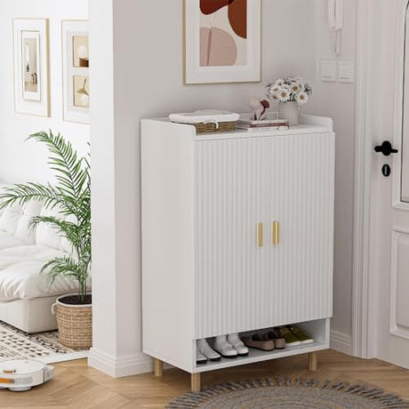 GEBAROW 8-Tier Shoe Storage Cabinet, Modern Organizer Cabinet with Doors, Wood Shoe Rack with Adjustable Shelves for Entryway, Hallway, Closet, Living Room, White GEBAROW