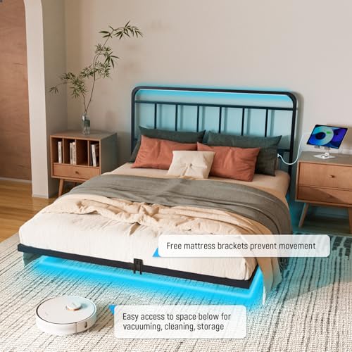Domus Homeware Floating King Size Platform Bed Frame with LED Lights & Charging Station - Includes Powered Screwdriver for Assembly, Mattress Fasteners & Corner Pads, Hardened Steel Domus Homeware