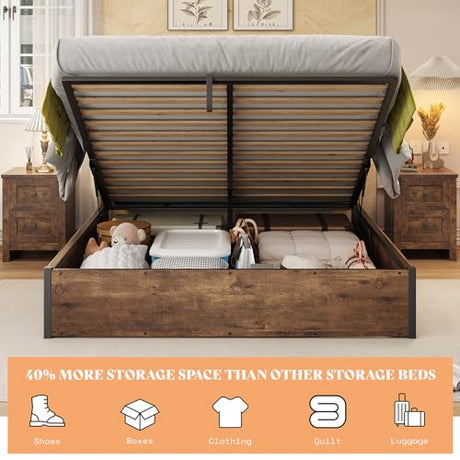 AMERLIFE Lift Up Storage Bed, Full Bed Frame with Storage Underneath, Wooden Platform Bed Frame, Solid Wood Slats Support, No Fixed Headboard, No Box Spring Needed, Brown AMERLIFE