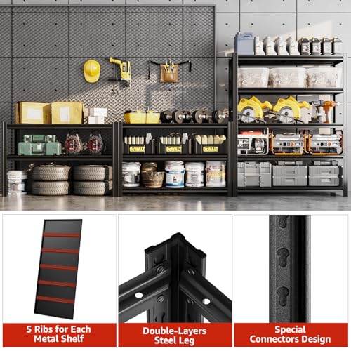 SYLOUGH 47.12" W Father&I 5-Shelf Industrial Adjustable Heavy-Dudy Tall Metal Steel Garage Storage Shelves Shelving Units/Rack System (Commercial) for Basement/Shop/Dorm, 83" H*47.12" W*23" D*, Black SYLOUGH