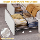 DWVO King Size Bed Frame with RGB LED Lights & Storage Bookcase Headboard, Upholstered Bed with Charging Station and 4 Drawers, No Box Spring Needed, Easy Assembly, Noise-Free, PU Leather White DWVO