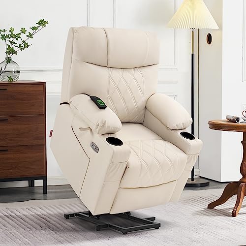 MCombo Small Power Lift Recliner Chair Sofa with Massage and Dual Heating, Adjustable Headrest for Elderly People Petite, USB Ports, Faux Leather 7111 (Cream White)