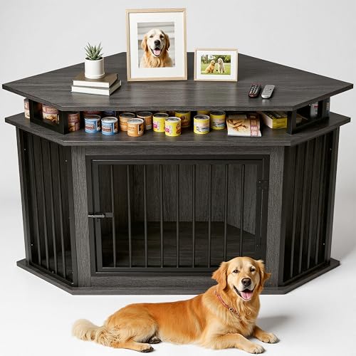 IRONCK 51" Corner Wooden Dog Crate Furniture with 2-Tier Shelves, Pet Kennel for Large Dogs, Space-Saving Dog Cage Indoor, Rustic Brown (26.7" L x 51.2" W x 33.5" H) IRONCK