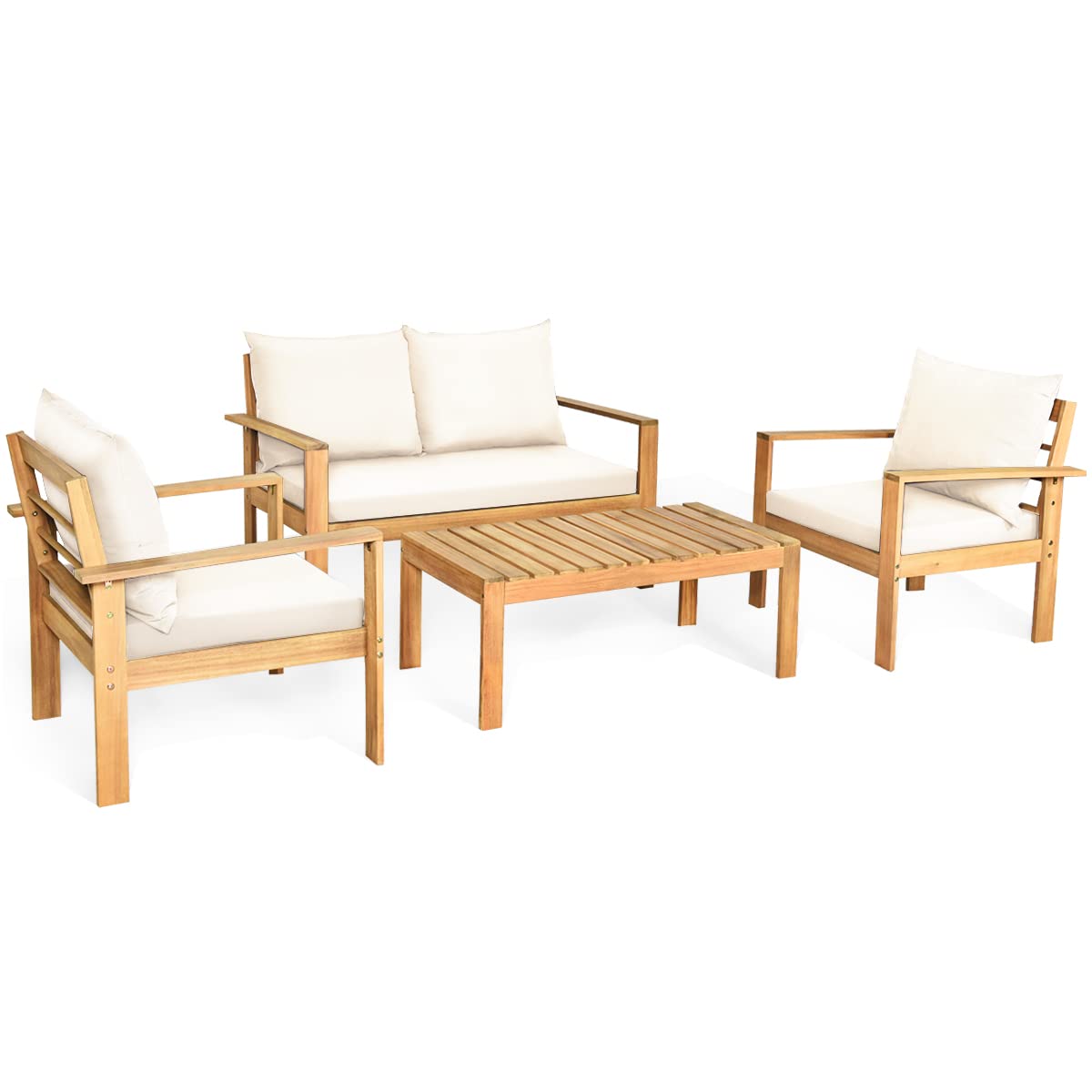 HAPPYGRILL 4 Piece Patio Furniture Set Outdoor Conversation Set Wood Sofa Table Set with Cushions, Acacia Wood Chairs & Coffee Table Set for Garden Backyard Poolside HAPPYGRILL