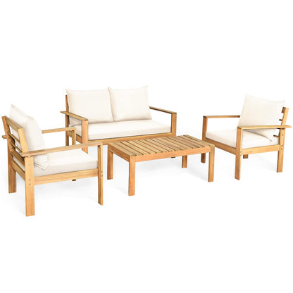 HAPPYGRILL 4 Piece Patio Furniture Set Outdoor Conversation Set Wood Sofa Table Set with Cushions, Acacia Wood Chairs & Coffee Table Set for Garden Backyard Poolside