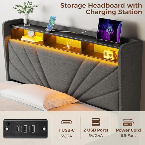 Rolanstar Twin Size Bed Frame, Storage Headboard with Charging Station and LED Lights, Upholstered Bed with Heavy Duty Wood Slats, No Box Spring Needed, Noise Free, Easy Assembly, Dark Grey Rolanstar