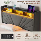 Rolanstar Twin Size Bed Frame, Storage Headboard with Charging Station and LED Lights, Upholstered Bed with Heavy Duty Wood Slats, No Box Spring Needed, Noise Free, Easy Assembly, Dark Grey Rolanstar