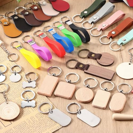 Tondiamo 69 Pcs Laser Engraving Blanks Keychains Bulk Laser Engraver Accessories Keychain Blanks Including Wood, Stainless Steel, Acrylic, PU Leather, Silicone and Marking Paper Tape Tondiamo