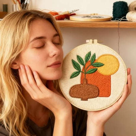 BEUNITONE Bohemian Embroidery Kit for Beginners, 6-Piece Stamped Needlepoint Craft Kits with Landscape, Sun, Moon, Leaves, Vase Designs, Complete DIY Handmade Embroidery Set for Relaxing Creative Fun BEUNITONE
