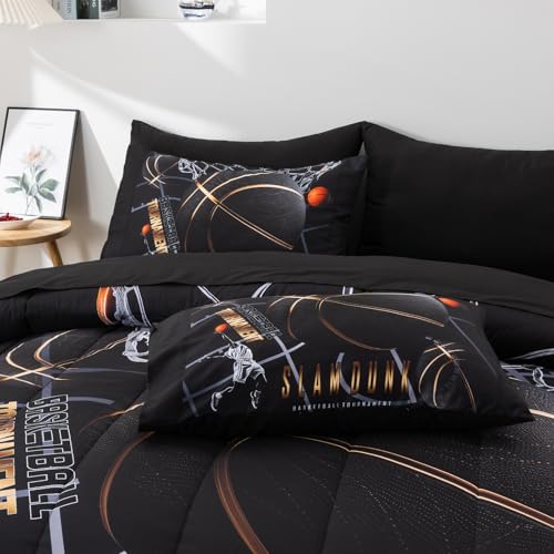 A Nice Night Basketball Court Printed Comforter Sets,with Sportsman Slam Dunk Printing 6Pcs Bedding Set in a Bag for Teen Boys,Twin A Nice Night