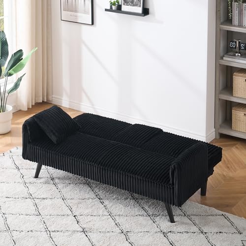 72" Modern Corduroy Sofa Bed Futon,Convertible Sleeper Couch Bed with Cup Holder,4 Reclining Positions,Folding Sofa Cloud Loveseat for Small Living Room Apartment Office (Black-New) Majnesvon