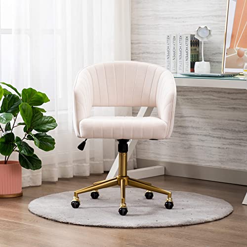 Home Office Chair Swivel Velvet Desk Chair Accent Armchair Upholstered Modern Tufted Chairs with Gold Base for Girls Women Ergonomic Study Seat Computer Task Stools for Living Room(Cream) KCC