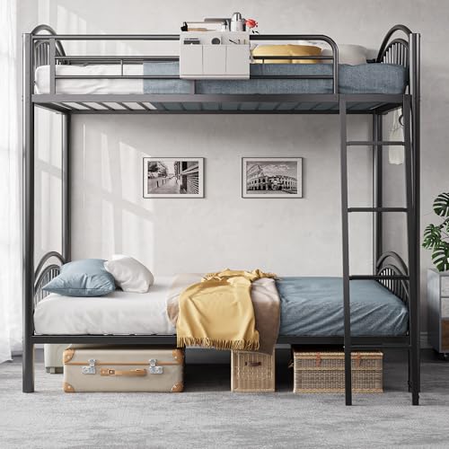 Decofy Twin Bunk Beds Twin Over Twin Industrial Bunkbeds Heavy Duty Metal Bunk Bed with Bedside Caddy, Convertible Ladder&Flat Rungs, Space Saving Bunkbed Frame for Bedroom Dorm, No Box Spring Needed Decofy