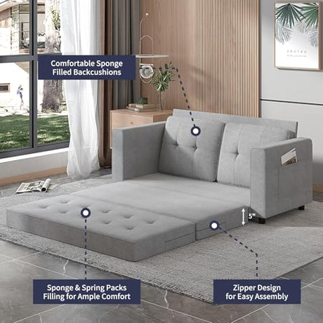 ZAFLY Modern 3-in-1 Convertible Sofa Bed, 84 Inch Tri-Fold Multi-Function Floor Sofa, Space-Saving Futon Couch Bed, Pull-Out Loveseat Sleeper, Ideal for Apartments, Dorms & Offices, Light Grey ZAFLY