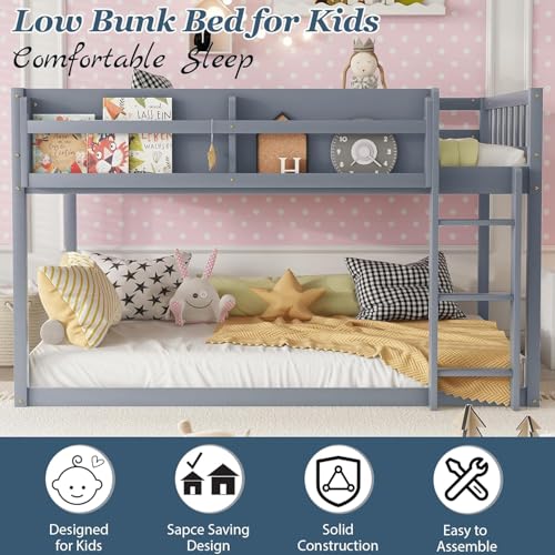 Duxelifin Twin Low Bunk Beds for Kids, Wooden Bunk Bed Frame Twin Over Twin, Convertible Floor Bunk Bed with Storage Shelf & Ladder, No Box Spring Needed (Grey) Duxelifin
