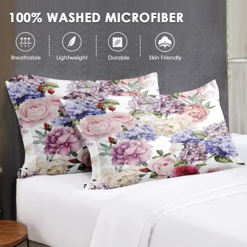 WeCozy 5 Pcs Twin Size Comforter Set with Pillowcase & Sham, Floral Flower Peony Bedding for Kids and Adults, Botanical Painting Hydrangea Bed in a Bag with Flat Fitted Sheet WeCozy