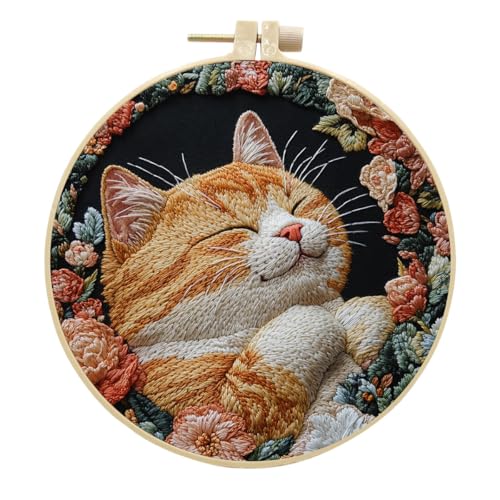 LB Orange Cat Embroidery Kit for Beginners Adults, 3 Sets Hand Embroidery Starter Kit with Floral Pattern and Instructions Stamped Cross Stitch Kits Include Embroidery Hoop Needles Threads Scissors