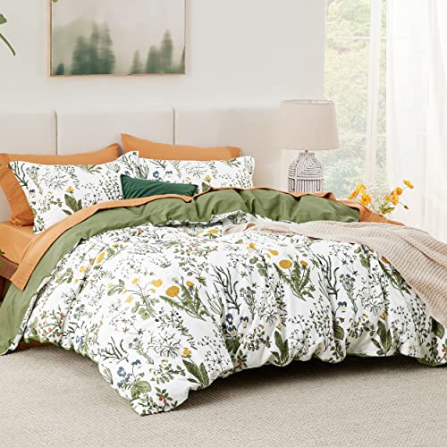 Bedsure Duvet Cover Queen Size - 100% Cotton Reversible Floral Queen Duvet Cover Set with Zipper Closure, 3 Pieces Soft & Breathable Green Bedding Set with 2 Pillow Shams 20"x26" Bedsure