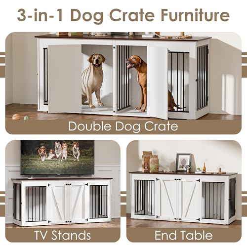 Zamildon's 71 in Dog Crate Furniture for 1 or 2 Dogs, Large Double Dog Kennel Furniture TV Stand, Furniture Style Dog Crates End Table with Removable Divider, Dog Kennel Indoor Zamildon's