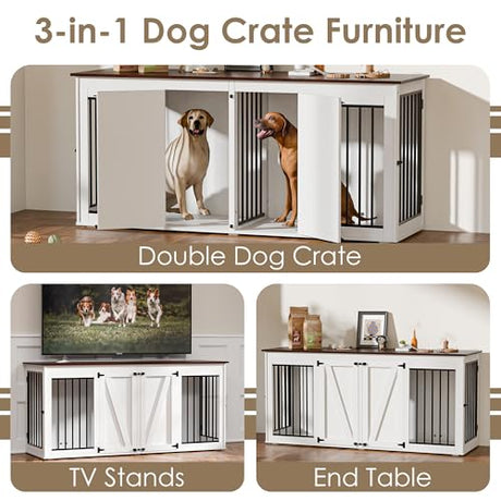 Zamildon's 71 in Dog Crate Furniture for 1 or 2 Dogs, Large Double Dog Kennel Furniture TV Stand, Furniture Style Dog Crates End Table with Removable Divider, Dog Kennel Indoor Zamildon's