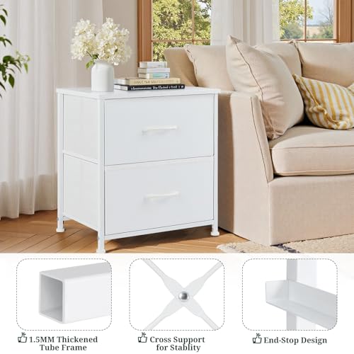 Nightstand, Small 2 Drawer Dresser End Table Bedside Furniture, Wooden Top Fabric Bins for Bedroom, Closet, Entryway, Dorm, 11.8" D x 18" W x 20", White SageNest